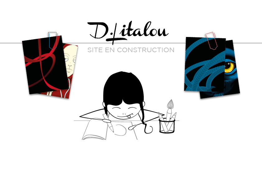 Illustration type BD humouristique en noir et blanc, au centre un personnage féminin, dessine à une table en tirant la langue car concentrée et appliquée. de chaque côtés au dessus d'elle, un fil est tendu et des dessins sont accrochés.